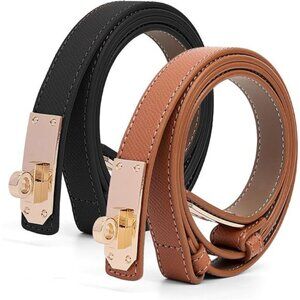 2 Pcs Women's Thin Leather Belts with Turn Lock Buckle Adjustable